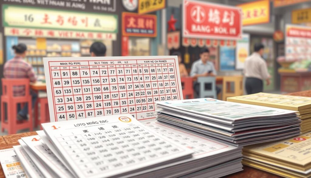 A detailed close-up illustration of the fundamental concepts of northern Vietnam lottery (lô đề miền Bắc). The image showcases the key components and mechanics of this traditional gambling system, rendered with a realistic, technical style. Prominent in the foreground are various lottery tickets, number grids, and betting slips, displayed against a blurred background of lottery shops and street scenes. The lighting is soft and diffused, creating a sense of focus on the central elements. The overall mood is informative and educational, conveying the intricacies of this longstanding northern Vietnamese pastime. A detailed close-up illustration of the fundamental concepts of northern Vietnam lottery (lô đề miền Bắc). The image showcases the key components and mechanics of this traditional gambling system, rendered with a realistic, technical style. Prominent in the foreground are various lottery tickets, number grids, and betting slips, displayed against a blurred background of lottery shops and street scenes. The lighting is soft and diffused, creating a sense of focus on the central elements. The overall mood is informative and educational, conveying the intricacies of this longstanding northern Vietnamese pastime.