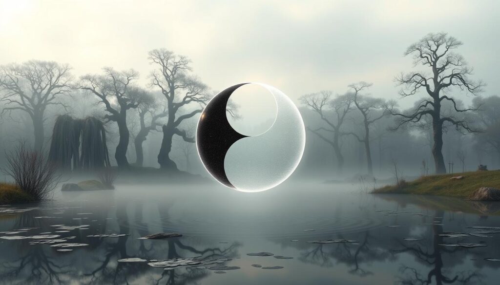A serene, ethereal landscape depicting the concept of "Yin-Yang" in the context of lottery (lô đề) analysis. In the foreground, a delicate, shimmering Yin-Yang symbol hovers, its two halves in perfect balance, one dark and one light. The middle ground features a tranquil pond, its surface like a mirror, reflecting the Yin-Yang above. In the background, a misty, otherworldly forest of ancient trees and shrouded in a soft, diffuse light, hinting at the hidden, mystical nature of the subject. The overall mood is one of contemplation, harmony, and the interplay of opposing forces that govern the natural world and, by extension, the patterns of chance and fate inherent in lottery systems. A serene, ethereal landscape depicting the concept of "Yin-Yang" in the context of lottery (lô đề) analysis. In the foreground, a delicate, shimmering Yin-Yang symbol hovers, its two halves in perfect balance, one dark and one light. The middle ground features a tranquil pond, its surface like a mirror, reflecting the Yin-Yang above. In the background, a misty, otherworldly forest of ancient trees and shrouded in a soft, diffuse light, hinting at the hidden, mystical nature of the subject. The overall mood is one of contemplation, harmony, and the interplay of opposing forces that govern the natural world and, by extension, the patterns of chance and fate inherent in lottery systems.